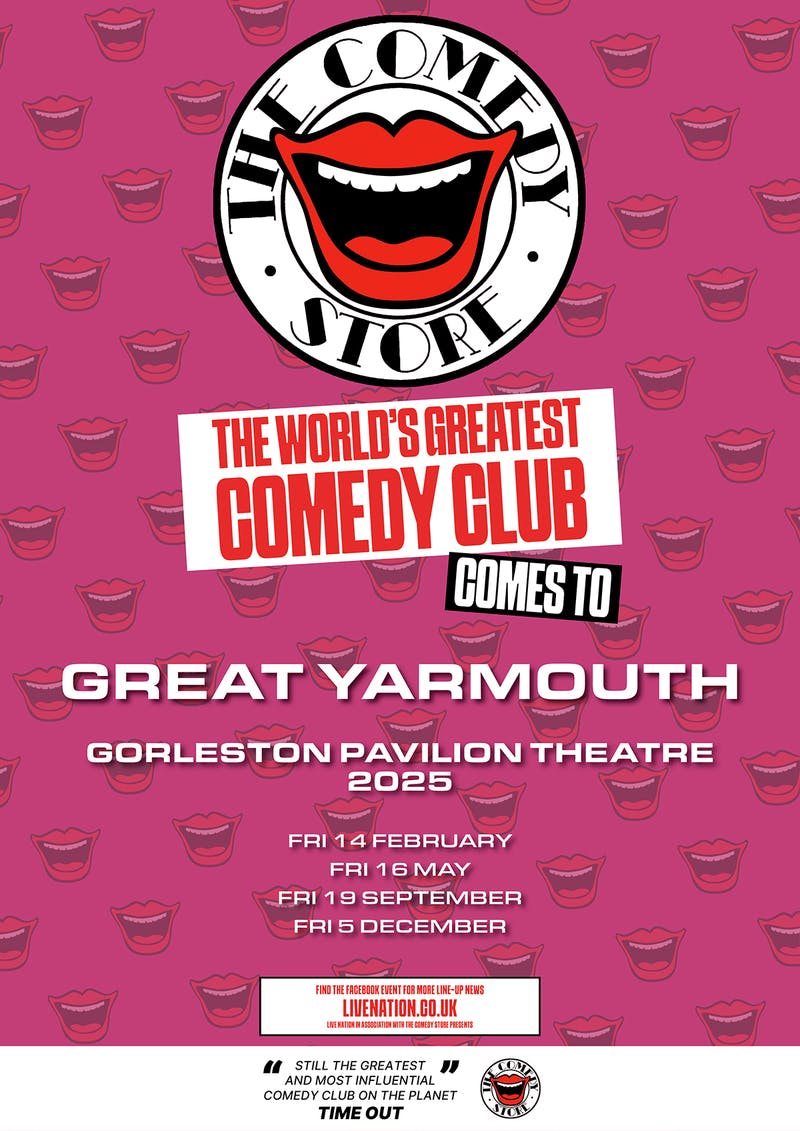 Poster for the The Comedy Store 2025 performance at the Gorleston Pavilion Theatre